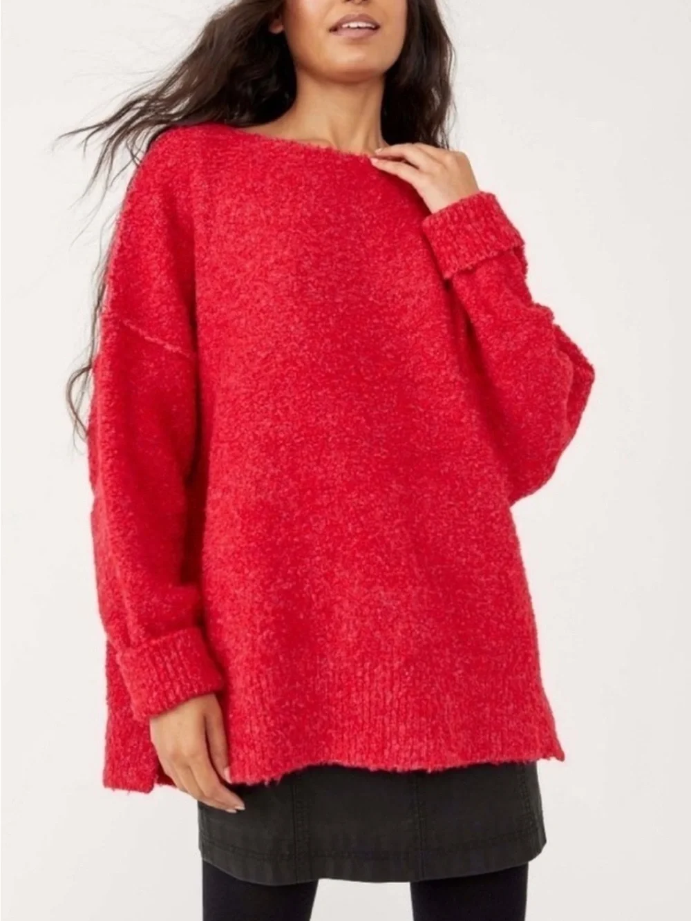 Free People Moria Slouchy Bouclé Sweater Oversized Red & Pink